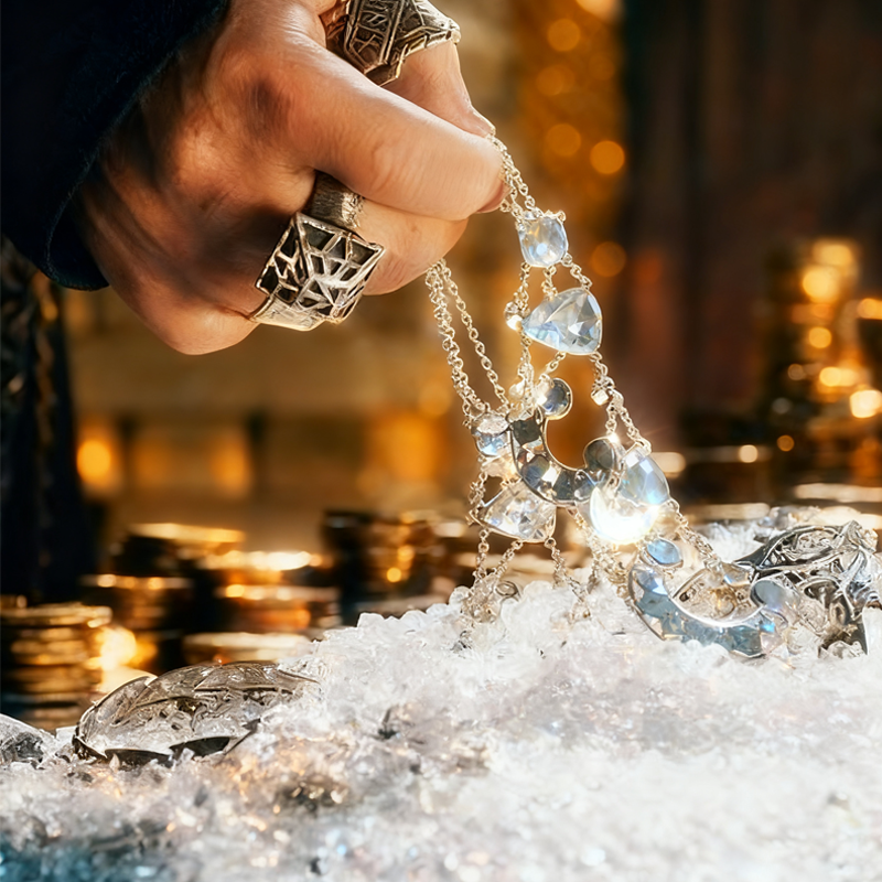 Elven Treasury: raw crystals, glowing resin dioramas, and delicate handmade jewelry. Magical forest aesthetic, dark fantasy, miniature landscapes, mystical artifacts. Dopamine Deal Lab.