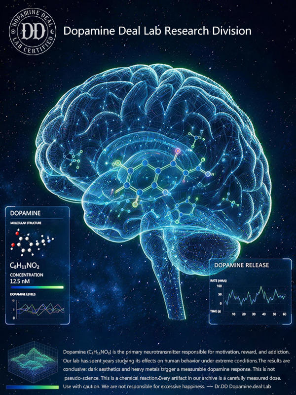 Dopaminedeal Lab research division banner featuring a glowing digital human brain, dopamine molecular structure, release rate charts, and lab data panels in a dark sci-fi laboratory aesthetic.
