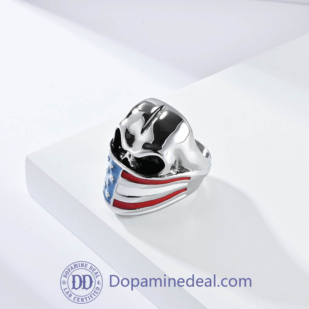 dopamine deal,A skull wrapped in the Stars and Stripes. It is a contradiction cast in heavy metal—the ultimate symbol of rebellion wearing the colors of freedom.

Forged from solid titanium steel with a polished finish, this signet ring is built for those who love their country but refuse to follow the herd. It is not just jewelry; it is a statement. Wear your paradox. Fear nothing.